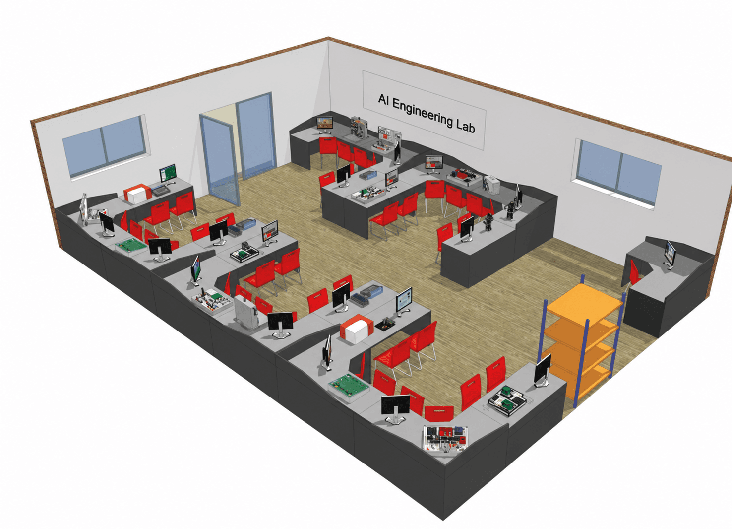 AI Engineering Lab classroom layout with educational training equipment