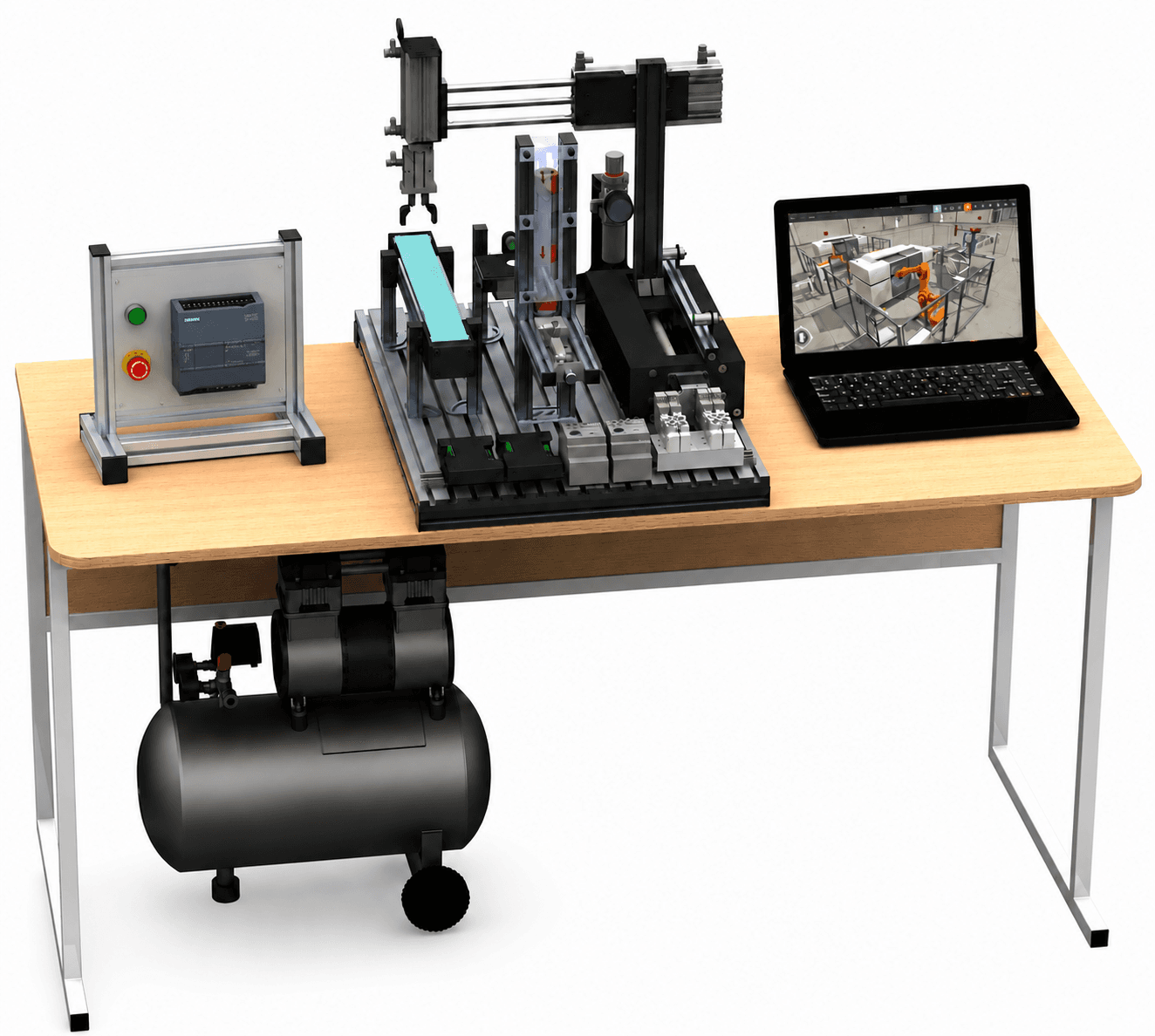 Pneumatic robot training stand with Siemens S7-1200 PLC, pneumatic manipulator, compressor, and laptop software