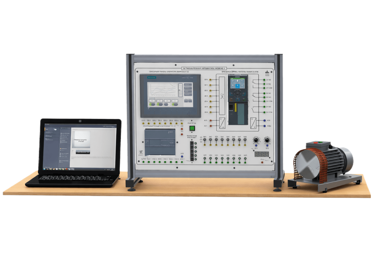 QTLab asynchronous motor control training stand with PLC, HMI, frequency drive, laptop, and motor